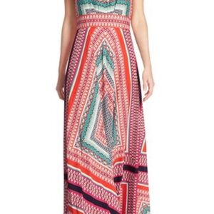 Eliza J Vibrant Red and Green Maxi Dress